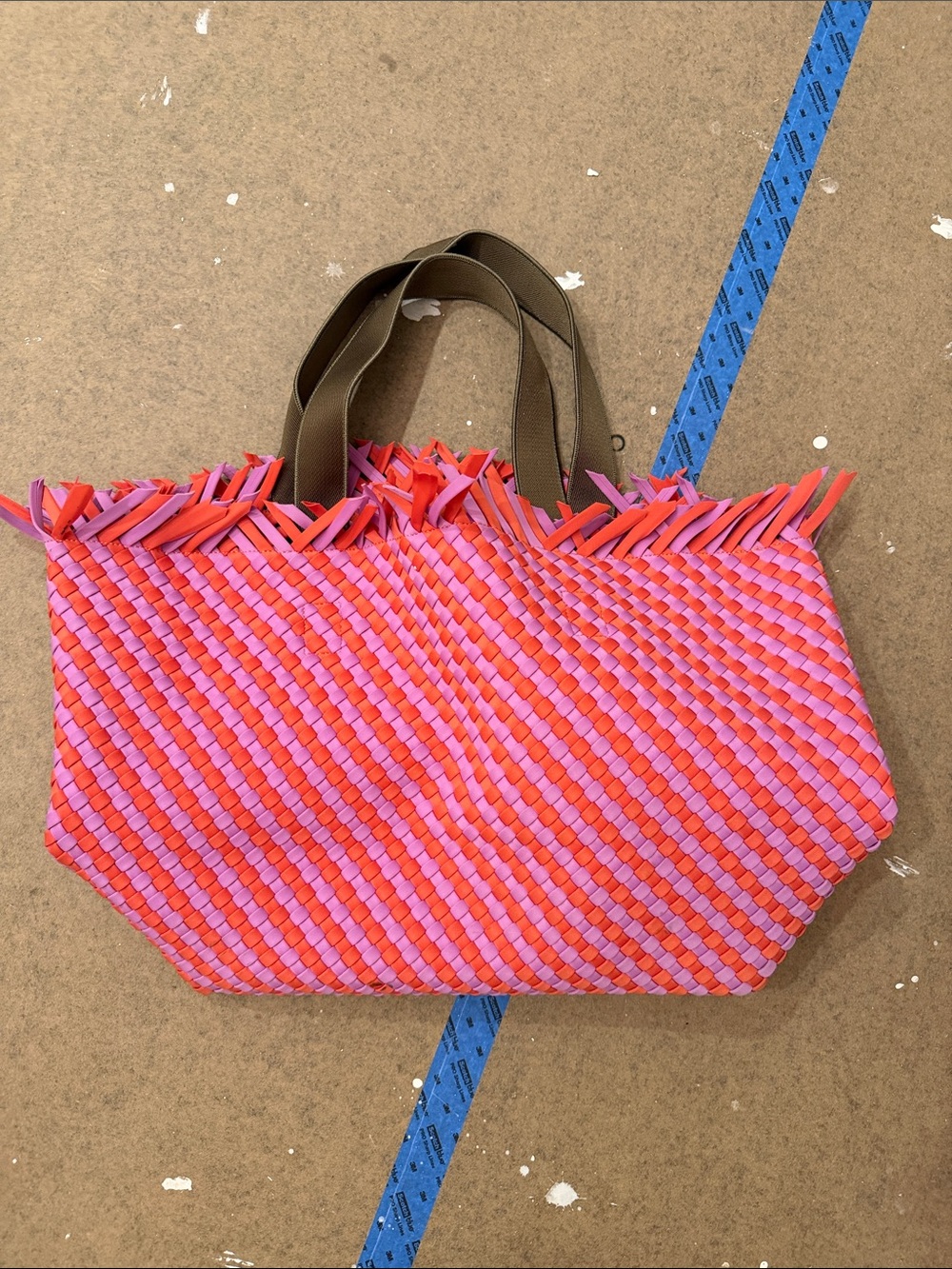 Woven Pink & Red Fringe Tote Bag